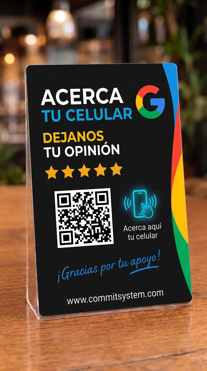Soporte negro de acrílico sobre una mesa, con código QR y zona NFC para dejar una reseña en Google.